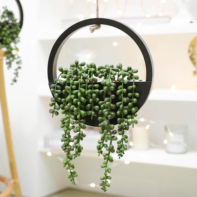 2 Pack Fake Plants Artificial Wall Hanging Plants, Boho Hanging Planter Fake Succulents Artificial String of Pearls in Black Wooden Pots with Lanyard for Home Office Wall Decoration