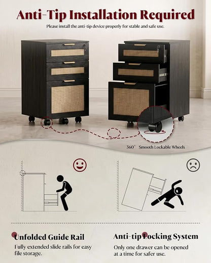 HOPUBUY 3 Drawer File Cabinet with Lock, Small Rattan Filing Cabinets with Wheels, Wood Rolling Office Storage for Under Desk Home Office,Black