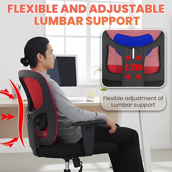 Big and Tall Office Chair 400lbs Desk Chair Mesh Computer Chair with Lumbar Support Wide Seat Adjust Arms Rolling Swivel High Back Task Executive Ergonomic Chair,Red
