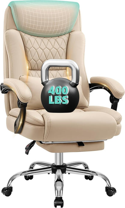 Big and Tall Office Chair 400lbs - Wide Memory Foam Seat with Lumbar Support, Reclining Executive Desk Chair with Footrest, Ergonomic Heavy Duty High Back Computer Chair, Khaki