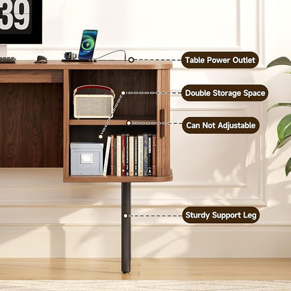 ONBRILL 63 Inch Fluted Computer Desk with Charging Station, Mid Century Executive Desk with 2 Storage Cabinets, Modern Home Office Large Desk with Metal Legs for Working, Studying, Writing, Walnut