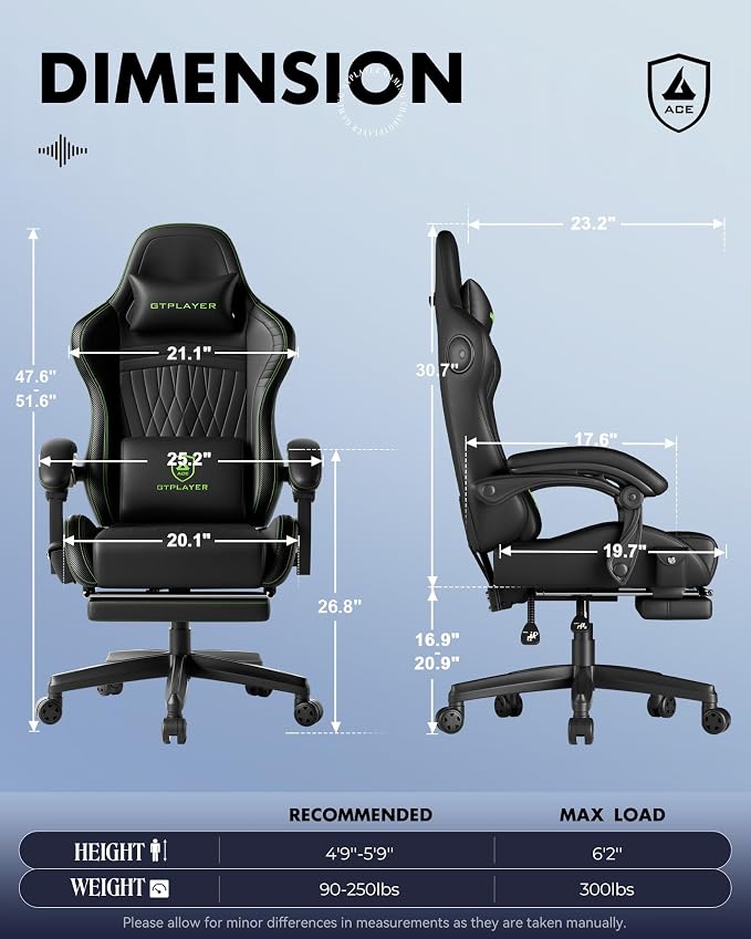 GTPLAYER Gaming Chair with Speakers, Video Game Chairs with Footrest, PC Gamer Chairs for Adults - Padded High Back Ergonomic Reclining Silla Gamer, Linkage Armrest, Ace Pro, Green