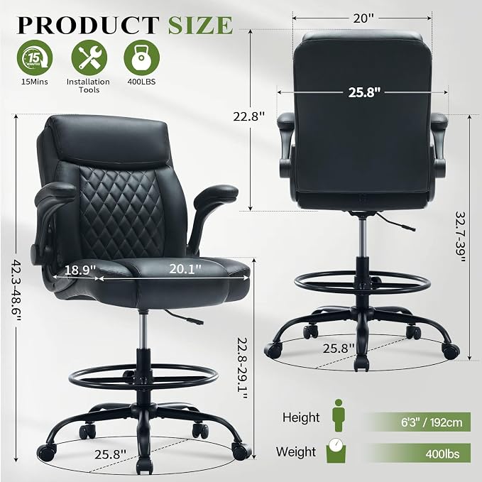 Drafting Chair Tall Office Chair for Standing Desk, Ergonomic Tall Desk Chair with Adjustable Foot Ring, Flip-Up Armrests, Lumbar Support, Comfortable Leather Seat – Ideal for Home and Office Use