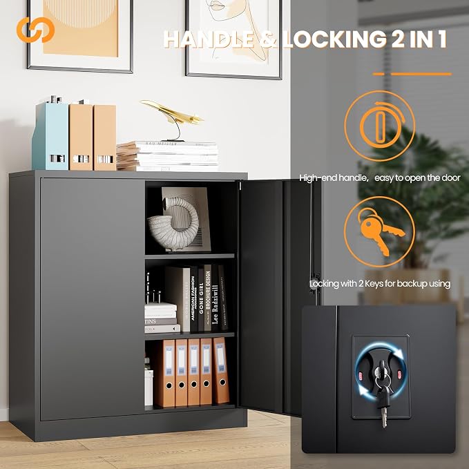Metal Storage Cabinet, 35.4'' Tall Small Storage Cabinet with Doors and Shelves, Locking Cabinet for Home Office, Garage, Utility Room, Warehouse, Black