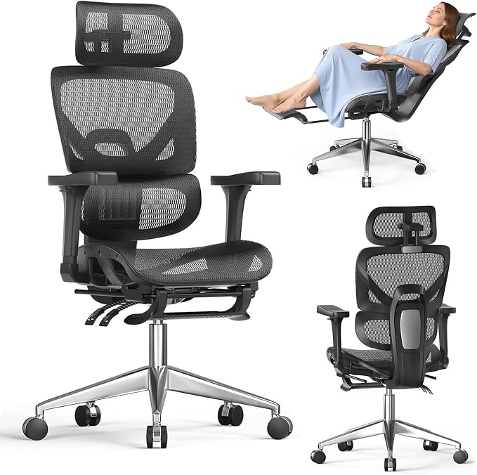 naspaluro Ergonomic Office Chair, High Back Mesh Desk Chair, 350lbs Capacity, Lumbar Support, 3D Armrest Headrest, Footrest, PU Wheels, Swivel Computer Chair for Home Office, Work & Gaming