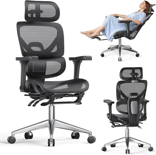 naspaluro Ergonomic Office Chair, High Back Mesh Desk Chair, 350lbs Capacity, Lumbar Support, 3D Armrest Headrest, Footrest, PU Wheels, Swivel Computer Chair for Home Office, Work & Gaming