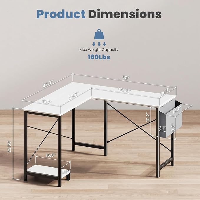 Sweetcrispy L Shaped Desk Computer Gaming Corner Table PC Workstation with CPU Stand Side Bag for Home Office Dorm Sturdy Writing Setup Furniture White 50 Inch Desk