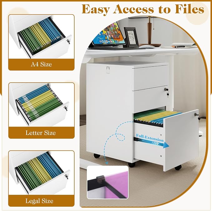 LOKO Mobile File Cabinet with 3 Drawers, Wooden Rolling Filing Cabinet with Lock, Under Desk File Organizer for A4/Letter/Legal Size, for Home Office, Study (White)