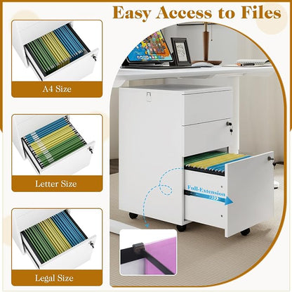 LOKO Mobile File Cabinet with 3 Drawers, Wooden Rolling Filing Cabinet with Lock, Under Desk File Organizer for A4/Letter/Legal Size, for Home Office, Study (White)