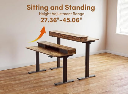 BANTI 55x24 Inch Electric Standing Desk with Dual Drawers, Height Adjustable Stand Up Table, Sit Stand Home Office Desk with Storage Shelf, Black Frame/Rustic Brown Top
