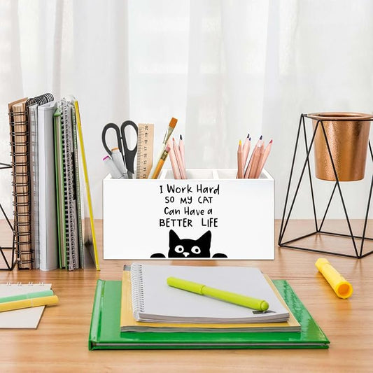 Funny Black Cat Pen Holder for Desk, Black Cat Lover Gifts Pencil Organizer, I Work Hard So My Cats Can Have a Better Life Wooden Pen Holder Desk Accessories Decor for Home Office