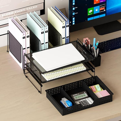 LEKETREE Desk Organizer, Office Organization with Vertical File Holder, File Organizer with Drawer and Pen Holder, Desk Accessories and Workspace Organizers for Home Office (Black)
