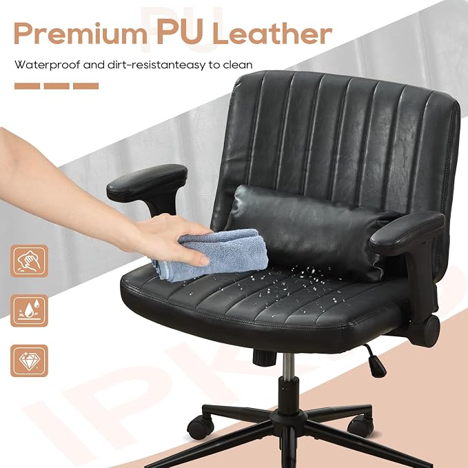 IPKIG Criss Cross Chair with Adjustable Flip-up Arms, Vanity Chair with Wheels, Comfy Desk Chair with Lumbar Pillow Swivel Wide Office Chair for Home Office, Bedroom (PU Leather, Black)