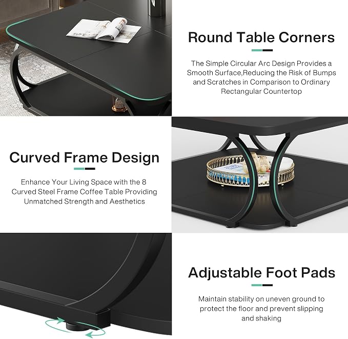 Tribesigns Square Coffee Table with Open Storage Shelf for Living Room, 39 Inch Large Wood Center Table 2 Tier Low Coffee Tables Farmhouse Tea Table with Metal Frame for Home Office, Black
