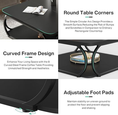 Tribesigns Square Coffee Table with Open Storage Shelf for Living Room, 39 Inch Large Wood Center Table 2 Tier Low Coffee Tables Farmhouse Tea Table with Metal Frame for Home Office, Black