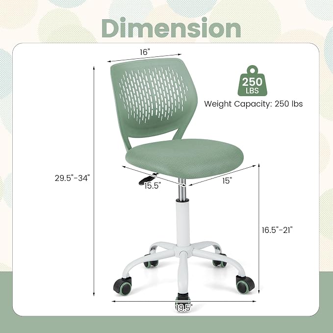 POWERSTONE Small Home Office Desk Chair, Swivel Rolling Study Computer Chair, Adjustable Height Task Chair with Armless Mid Back, Upholstered Mesh Seat, Light Green