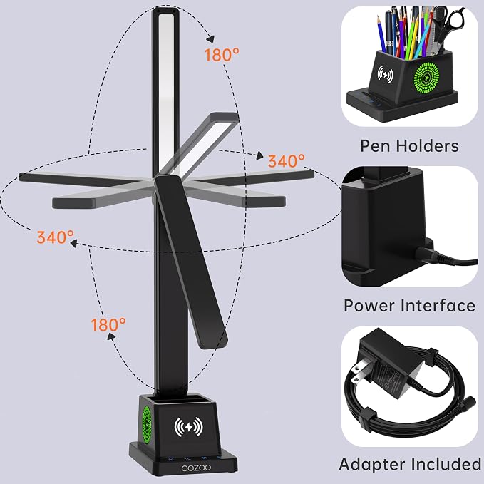 cozoo LED Desk Lamp for Home Office, Desk Light with 15W Wireless Charger Pen Holder, 12 Lighting Modes Desk Lamp for Bedroom, Small Table Lamp for College Dorm, Study, Craft, Nail, Matte Black