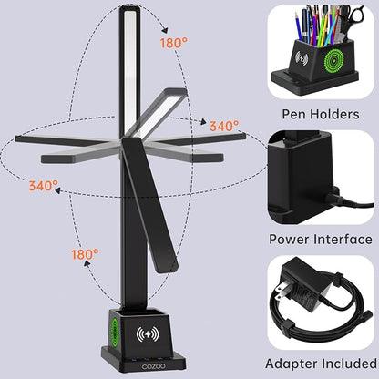 cozoo LED Desk Lamp for Home Office, Desk Light with 15W Wireless Charger Pen Holder, 12 Lighting Modes Desk Lamp for Bedroom, Small Table Lamp for College Dorm, Study, Craft, Nail, Matte Black