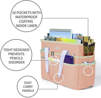 JJRING Craft Organizer Tote Bag, Large Art Storage Caddy with Multiple Pockets, Beige Sewing Bag for Art, Craft, Scrapbooking, School, Medical, and Office Supplies Storage