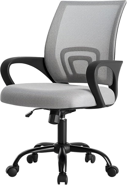 DUMOS Home Office Chair - Ergonomic Mid Back Mesh Desk Chair with Lumbar Support & Rocking Mode, Height Adjustable with Fixed Armrest, for Computer, Gaming, Meeting, 360° Swivel, Grey