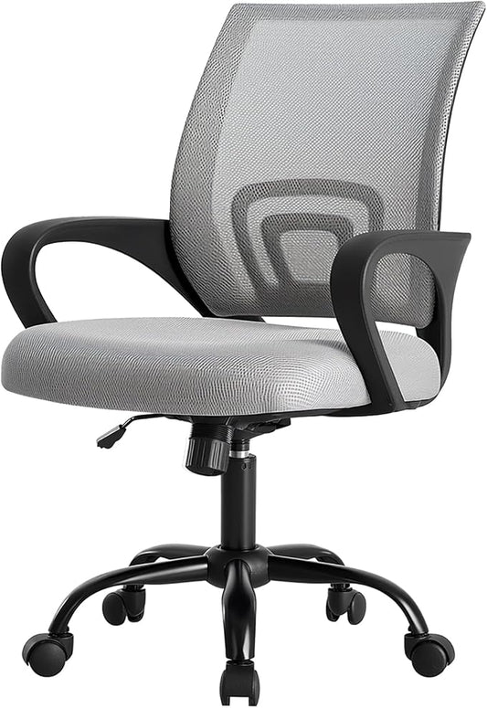 DUMOS Home Office Chair - Ergonomic Mid Back Mesh Desk Chair with Lumbar Support & Rocking Mode, Height Adjustable with Fixed Armrest, for Computer, Gaming, Meeting, 360° Swivel, Grey