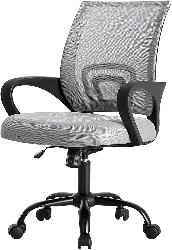 DUMOS Home Office Chair - Ergonomic Mid Back Mesh Desk Chair with Lumbar Support & Rocking Mode, Height Adjustable with Fixed Armrest, for Computer, Gaming, Meeting, Grey, 2 Pack