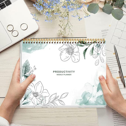 Weekly Productivity Planner - 8.5" x 11" Dashboard Desk Notepad Has 6 Focus Areas to List Tasks for Goals, Projects, Clients, Academic or Meal-Organize Your Daily Work Efficiently, 54 Weeks, Blue Flower