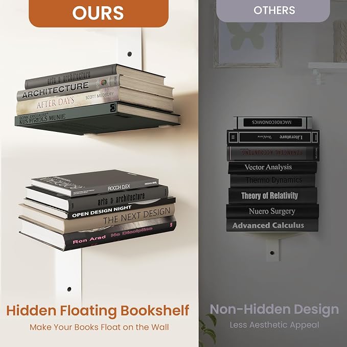 Wawocs Invisible Bookshelves for Wall, 4 Tier Floating Bookshelf Made of Heavy Duty Metal, Vertical Spine Book Tower Hanging Wall Bookshelf, Floating Book Shelves for Wall, 2 Pack White
