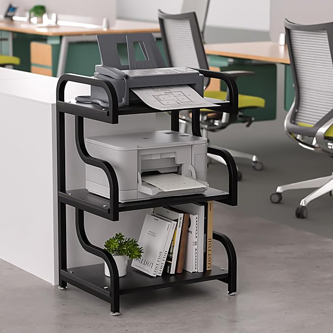 Printer Stand, 3-Tier Large Printer Stand with Durable Materials and Ample Storage Space, Printer Table for Home Office Organization, Black