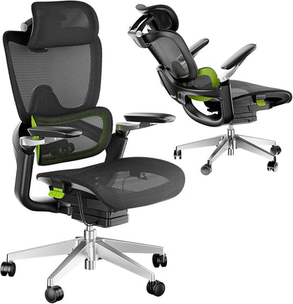 Ergonomic Office Chair, Mesh Home Office Desk Chair with Adaptive Lumbar Support, Gaming Chair with Headrest, 5D Armrest,90-130°Tilt, BIFMA Certified, Model Zen (Green)