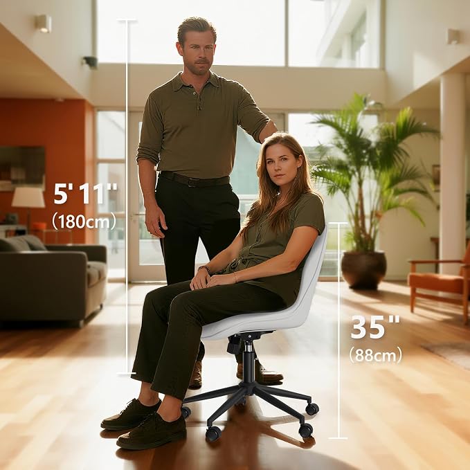 Armless Office Chair, Swivel Rolling Leather Desk Chair, White | Waterproof Upholstery, Padded Seat, 15° Relaxing Tilt, 330 LBS Capacity, for Bedroom Vanity and Computer Work