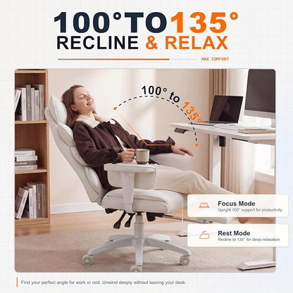 Dowinx Big and Tall Office Chair with Pocket Spring Cushion,High Back Computer Gaming Chairs with Adjustable Armrests and Lumbar Support,Executive Desk Chairs with Footrest(PU,White)