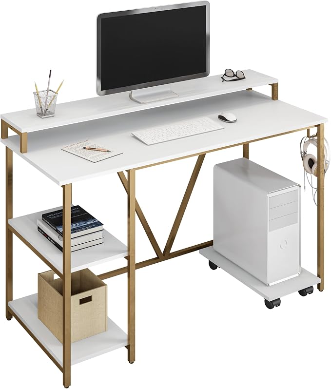 Techni Mobili Computer Desk - Industrial Writing Desk with Storage Shelves, Monitor Stand, & Accessory Holder - Home Office Laptop Computer Table with CPU Caddy & 2-Tier Small Bookshelf Space