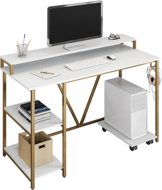 Techni Mobili Computer Desk - Industrial Writing Desk with Storage Shelves, Monitor Stand, & Accessory Holder - Home Office Laptop Computer Table with CPU Caddy & 2-Tier Small Bookshelf Space