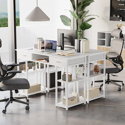 DUMOS 48" Small Computer Home Office Desk for Bedroom with Drawers, Gaming Writing Study Table with Storage Shelf, Adjustable Feet, Compact Desk for Gaming and Home Office Use, Metal Frame White