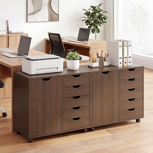 Giantex 5-Drawer File Cabinet with Wheels, Wooden Rolling Lateral Filing Cabinet with Door and Adjustable Shelf, Chest of Drawers, Mobile Printer Stand Organizer for Home Office and Bedroom (Coffee)