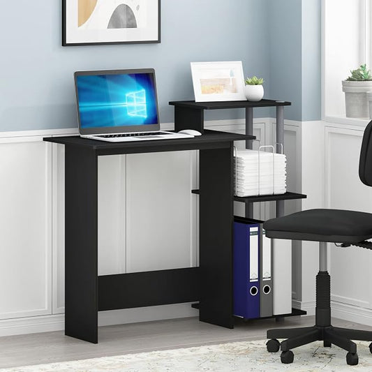 Furinno Efficient 29-Inch Black Computer Desk with Side Shelves, Gaming Desk with 3 Open Shelves, Home Office Desk, for Home Office, Study Room, Dorm, Bedroom, Black