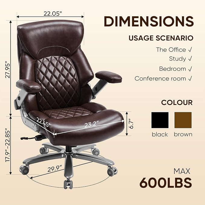 ZSQN 600 Lbs Big and Tall Office Chair, Plus Size Desk Chair with 6D Adjustable Flip Arms, Wide Comfortable Computer Chair with Adjustable Lumbar Support & Dual Rubber Wheels Brown