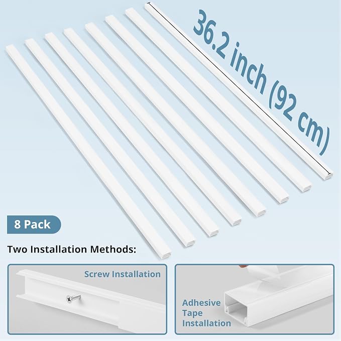 Cord Covers for Wires on Wall Extra-Long, 24ft TV Cord Hider Kit, Paintable Cable Management Concealer, TV Wire Hider for Wall, White Cable Raceway Channel, 8 x L36in x W0.95in x H0.55in