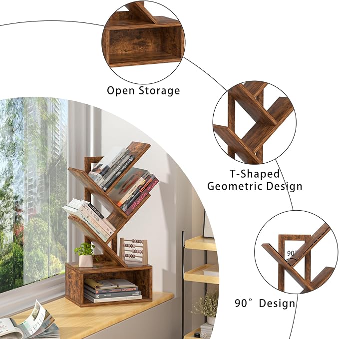 SHEEPAM Small Tree Book Shelf,5 Tier Black Tree Bookshelf,Brown Desktop Bookcase,Modern Desk Display Storage Bookshelves,Floor Standing Organizer Bookcases for Living Room,Bedroom,Office-White-Brown