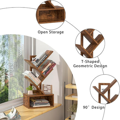 SHEEPAM Small Tree Book Shelf,5 Tier Black Tree Bookshelf,Brown Desktop Bookcase,Modern Desk Display Storage Bookshelves,Floor Standing Organizer Bookcases for Living Room,Bedroom,Office-White-Brown