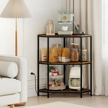 Giantex 2-Pack Corner Printer Stand, 3-Tier Corner Shelf with Charging Station and Metal Frame, Small Industrial Bookshelf, Printer Table for Living Room, Kitchen, Home Office