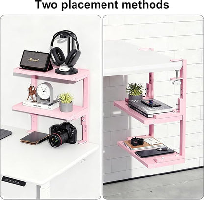 2-Tier Desk Shelf, Expandable Under Desk Storage, Clamp on Desk Shelf, Desktop Accessories for Offices, Study Rooms, and Game Rooms (Pink)