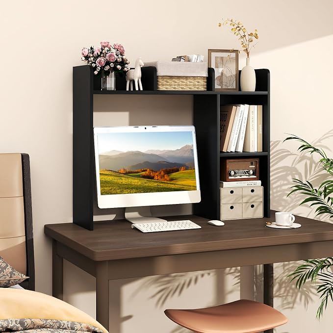 LDAILY Desktop Shelf, Multipurpose Wood Desk Hutch for Max 27" Computer Monitor, Countertop Storage Hutch with 5 Shelves, 3 Tier Desktop Display Rack for Dorm Office Home(Black)