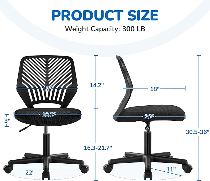Topeakmart Armless Office Chair, Adjustable Swivel Mesh Computer Study Chair for Small Spaces, Black