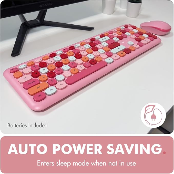 X9 Pink Keyboard and Mouse Wireless Combo - Retro Typewriter Keyboard and Mouse with Aesthetic Bubble Keys - Colorful Keyboard and Mouse Wireless for PC, Laptop, Windows, Chrome