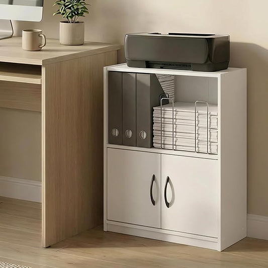 Furinno Gruen Book Shelf, 2-Tier Small Bookshelf, Bookcase with Open Shelf and Doors Storage Cabinet, 9.3 x 21.8 x 27, for Organization and Storage, for Living Room, Bedroom, Home Office, White