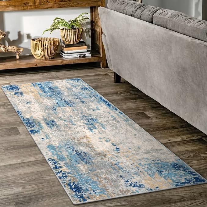 Lahome 2x4 Washable Hallway Runner Rug, Non Slip Runner Rug, Easy Clean Soft Stain Resistant Carpet for Entrance, Front Door, Door-Friendly Mat with Low Pile, 2 x 4 Blue/Ivory