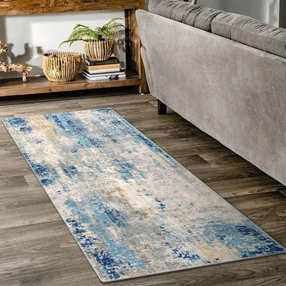 Lahome 2x4 Washable Hallway Runner Rug, Non Slip Runner Rug, Easy Clean Soft Stain Resistant Carpet for Entrance, Front Door, Door-Friendly Mat with Low Pile, 2 x 4 Blue/Ivory