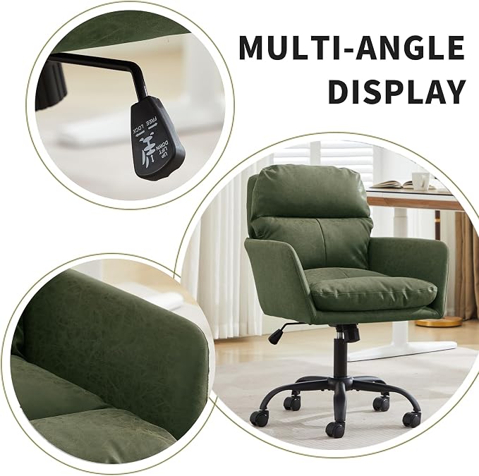 YITAI Adjustable Home Office Desk Chair with Comfy Square Mid-Back, Faux Leather 360,Study Green